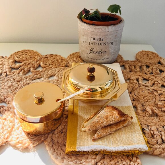 Vintage Made In Italy Gold Plated Brass Covered Butter Dish and Jam Pot - Picture 1 of 12